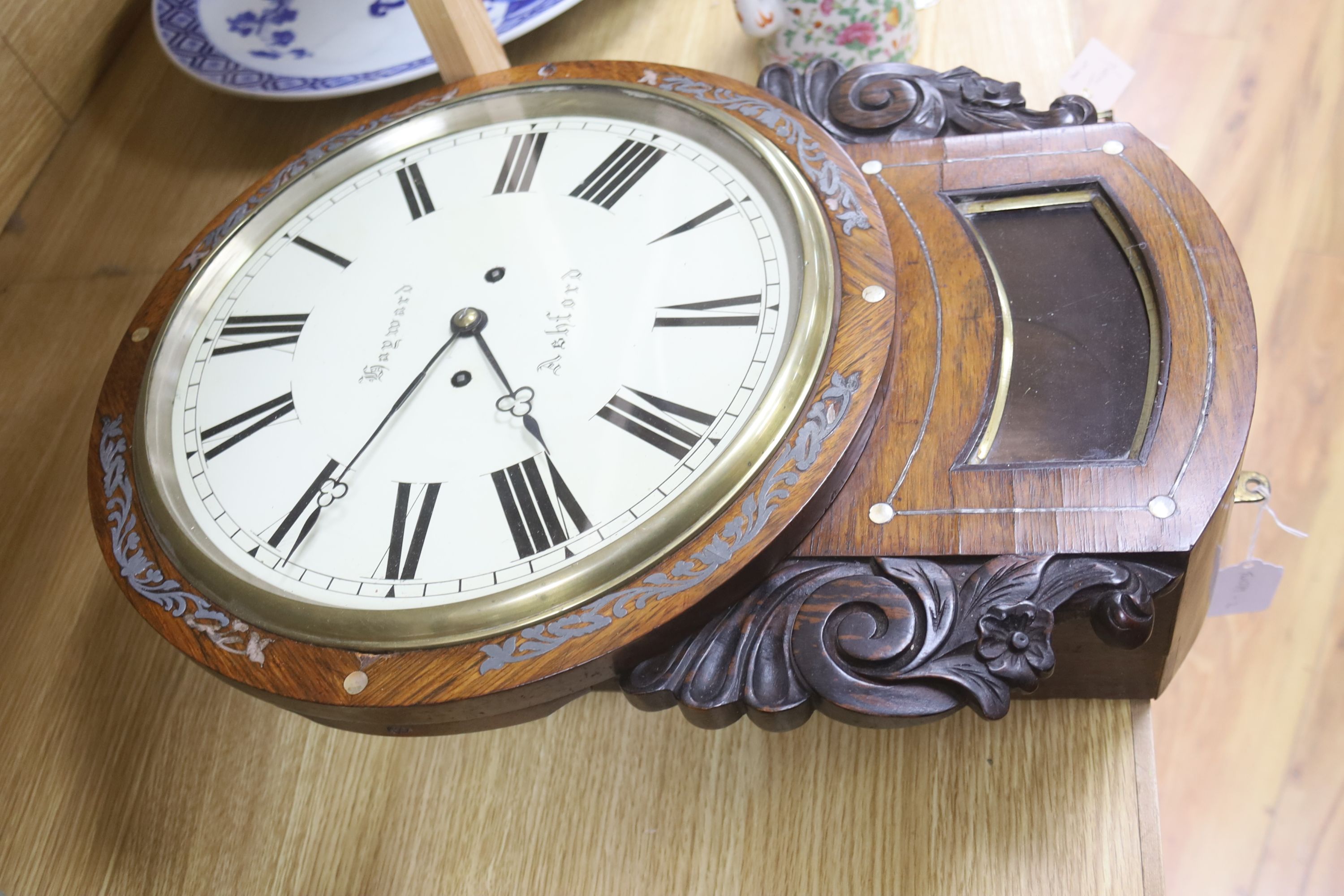 A Victorian inlaid rosewood drop dial wall clock by Edward Haywood, Ashford, length 51cm
